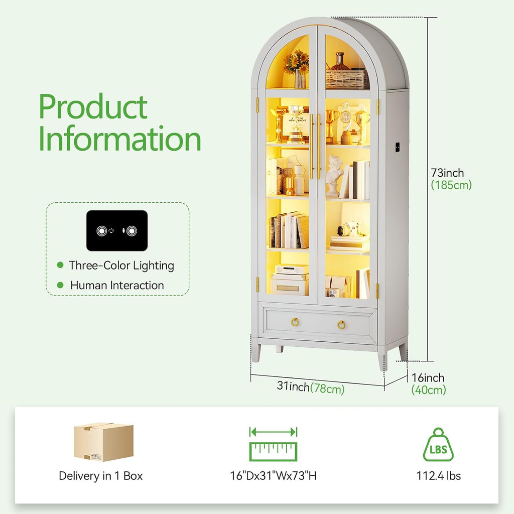 HNEBC Book Shelf with LED Lights, Arched Display Case with Storage Cabinet, Smart File Cabinet with Glass Door, Curio Cabinet with Solid Wood Legs for Home Office/Bedroom Furnniture-White