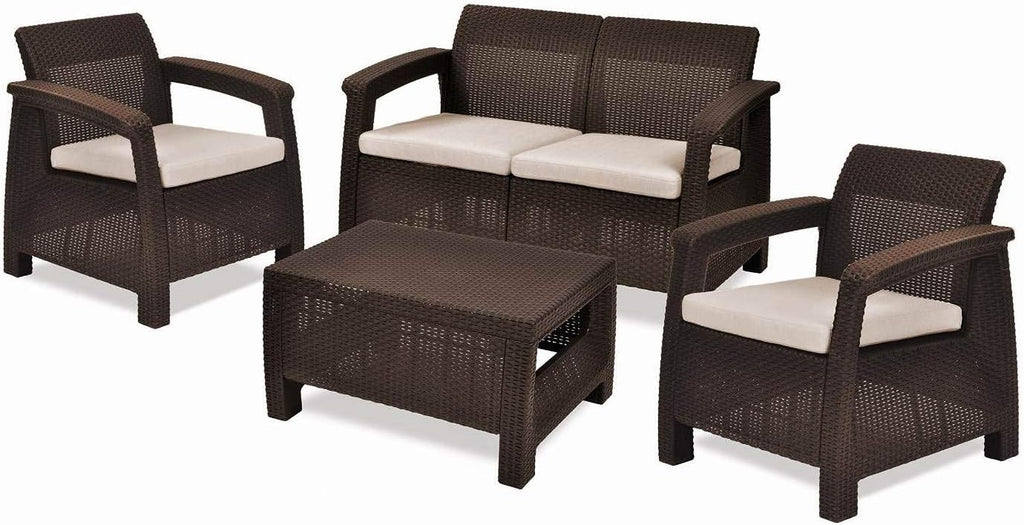 Keter Corfu 4 pic Set All Weather Outdoor Patio Garden Furniture w/ Cushions, Brown.