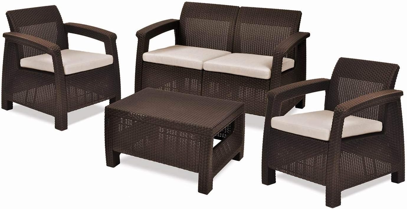 Keter Corfu 4 pic Set All Weather Outdoor Patio Garden Furniture w/ Cushions, Brown.