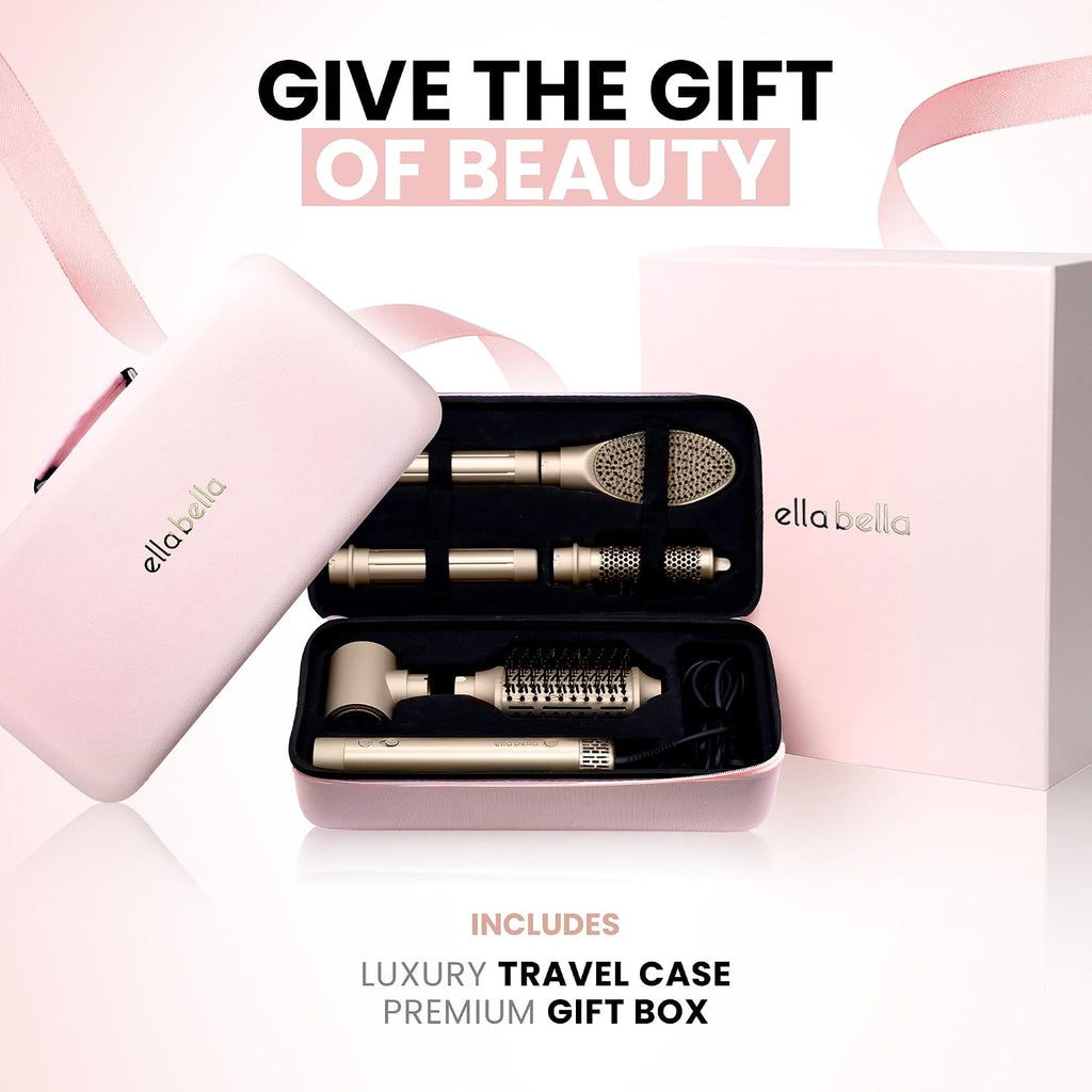 ELLA BELLA® 6 in 1 Professional Hot Air Styler • Powerful Hair Dryer & Straightener Set • Styling Without Heat Damage • Fast Drying Curling Volumizing Straightening • Includes Protective Travel Case