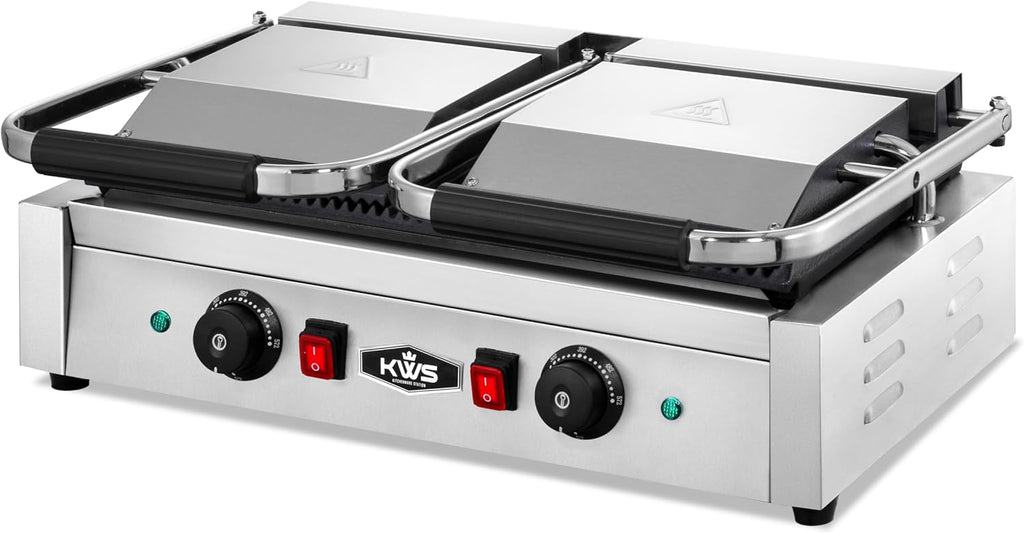 KWS CPM-23 3400W Electric Panini Press Maker with Left Grooved & Right Smooth Dual Sandwich Toasting Grill – 19″ X 9″ Cooking Surface