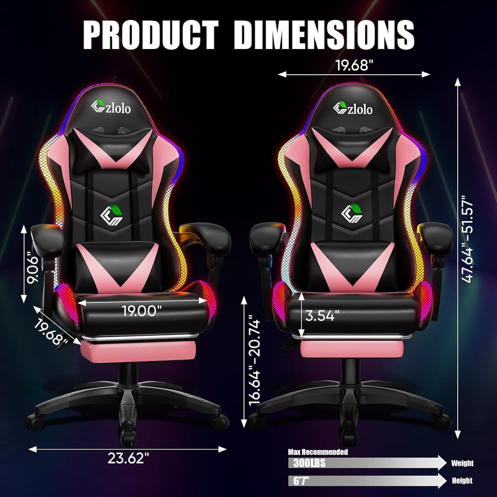 Czlolo Gaming Chair, Racing Style RGB LED Lights Gaming Chairs for Adults and Kids, Lumbar Massager Gamer Chair, High Back Reclining Computer Chair with Footrest and Headrest (Black/Pink)