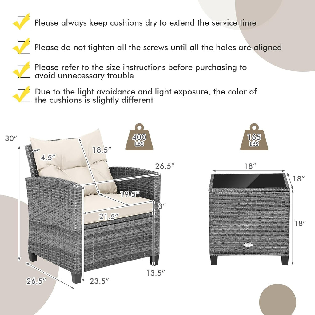 Tangkula 3 Pieces Patio Furniture Set, PE Rattan Wicker 3 Pcs Outdoor Sofa Set w/Washable Cushion and Tempered Glass Tabletop, Conversation Furniture for Garden Poolside Balcony (Mix Grey-White)