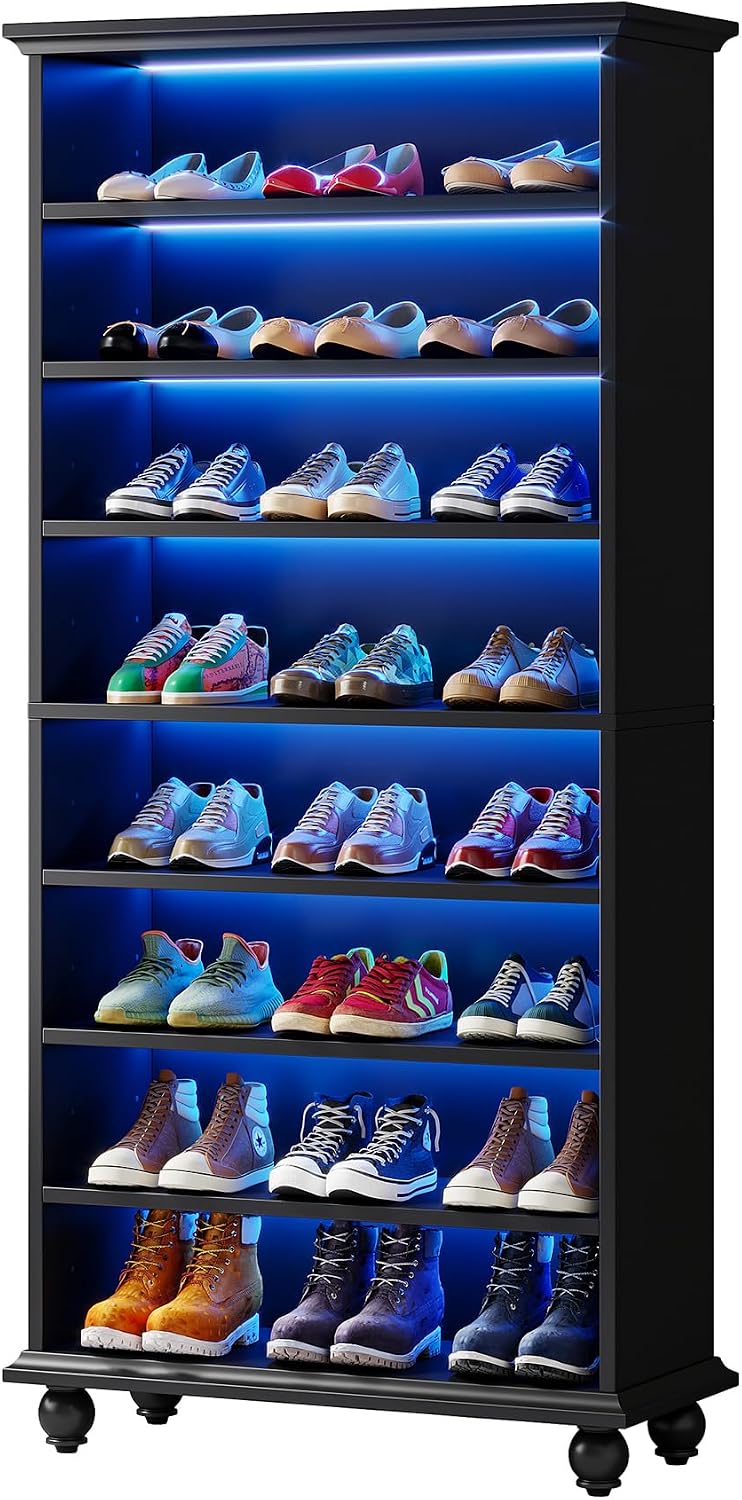 Tribesigns Narrow Tall Shoe Cabinet with LED Lighting, 9-Tier 30 Pairs Freestanding Shoes Storage Cabinet, Wood Shoe Organizer Cabinet with Solid Wooden Legs for Entryway (2, Black)