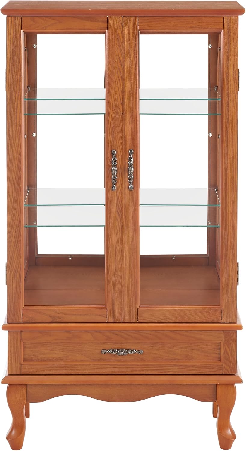 49' H Lighted Curio Display Cabinet with 2 Glass Doors & 1 Drawer, Wooden Curio Showcase w/Adjustable Shelves & Mirrored Back Panel, Wine Storage Cabinet Display Case for Living Room (Oak)