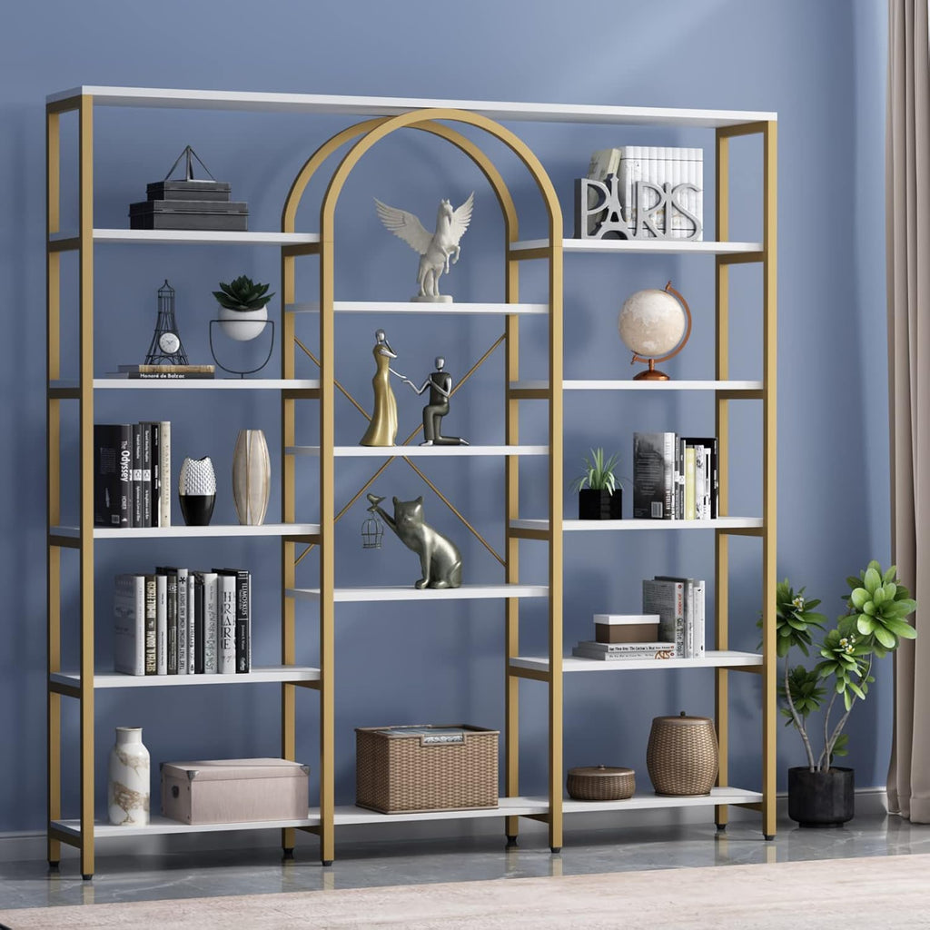 Auromie Triple Wide Gold Bookshelf, 70.87' W x 71.34' H Large Modern Etagere Bookcase, Tall Display Shelf with 13-Tier Open Shelves, Freestanding Staggered Storage Shelf for Home Office, White/Gold