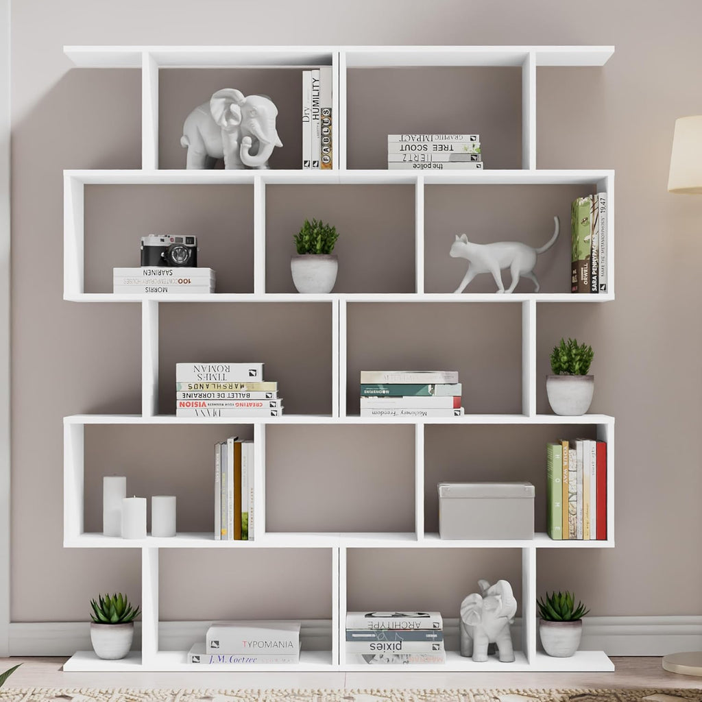Cozy Castle Set of 2 Geometric Bookcase, S-Shaped Modern Bookshelf, Room Divider Bookshelf, 62' Tall Unique Abstract Bookcase with 5-Tier Display Shelf for Living Room Office, White