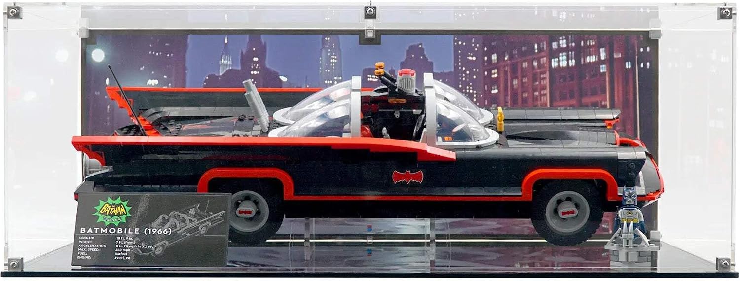 Display Case Compatible with Lego 76328 - Batman: The Classic TV Series Batmobile - Acrylic Dustproof Showcase with Pre-Printed Background - Set Not Included