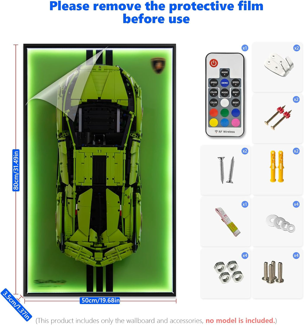 Display Wallboard with RGB LED Lights Compatible with Lego Technic Lamborghini Sián FKP 37 42115 Building Set - Adult Collectibles Wall Mount for Home or Office Decor (No Car Included)