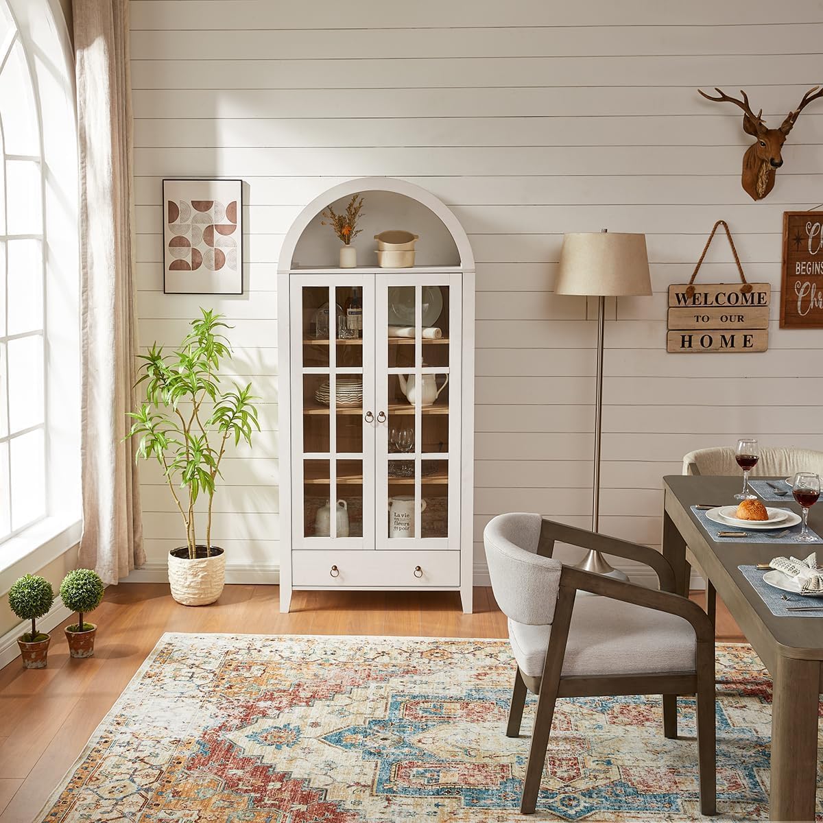70' Tall Arched Cabinet, Modern Farmhouse Wooden Display Cabinet with Glass Doors, 6 Tier Bookshelf with Adjustable Shelves for Living Room, Office, Antique White