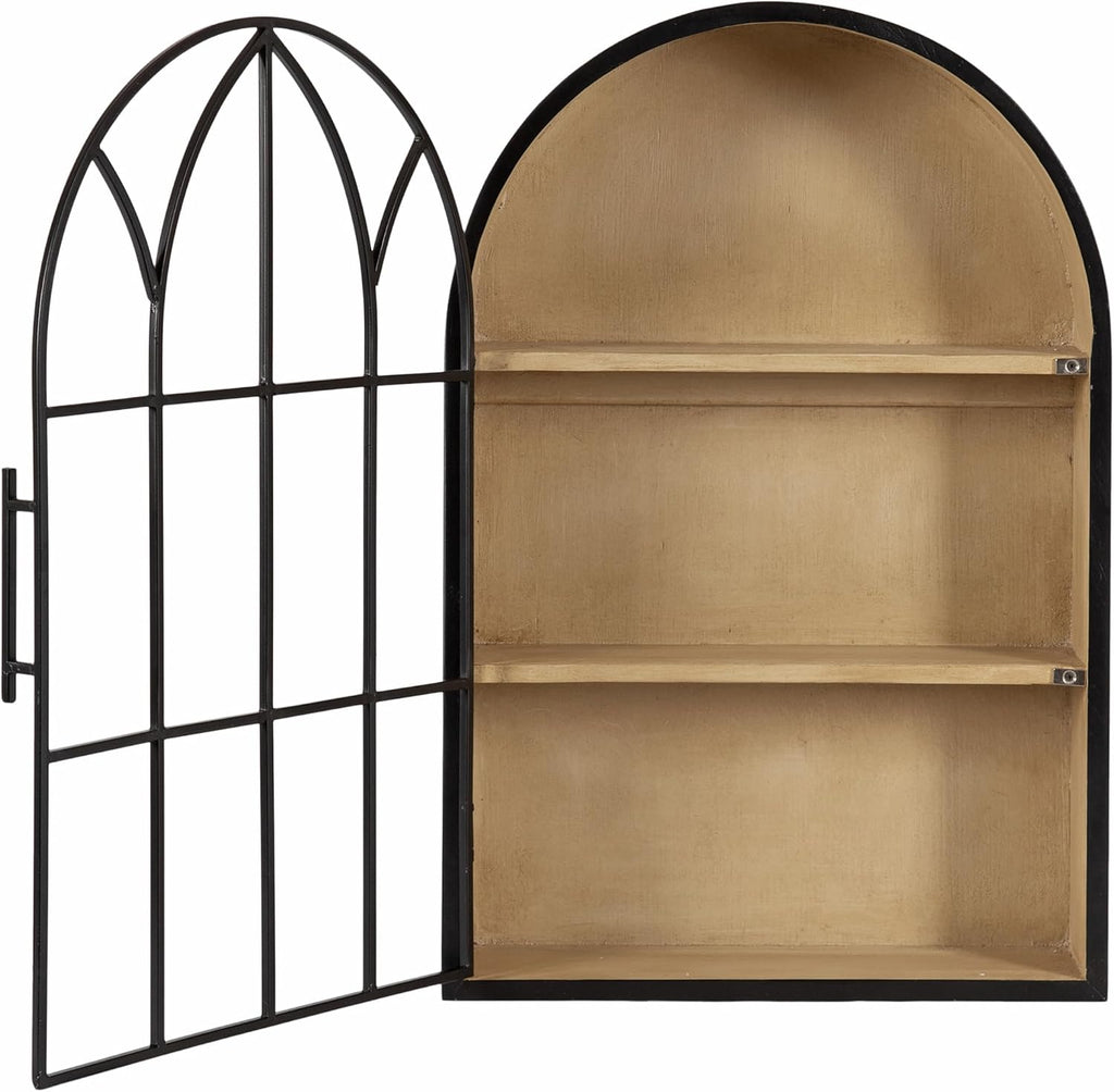 Kate and Laurel Megara Decorative Wooden Hanging Arched Wall Cabinet with Door for Open Storage; 16 x 6 x 24; Black and Natural Wood; Wooden Floating Wall Bathroom Cabinet for Above Toilet Storage