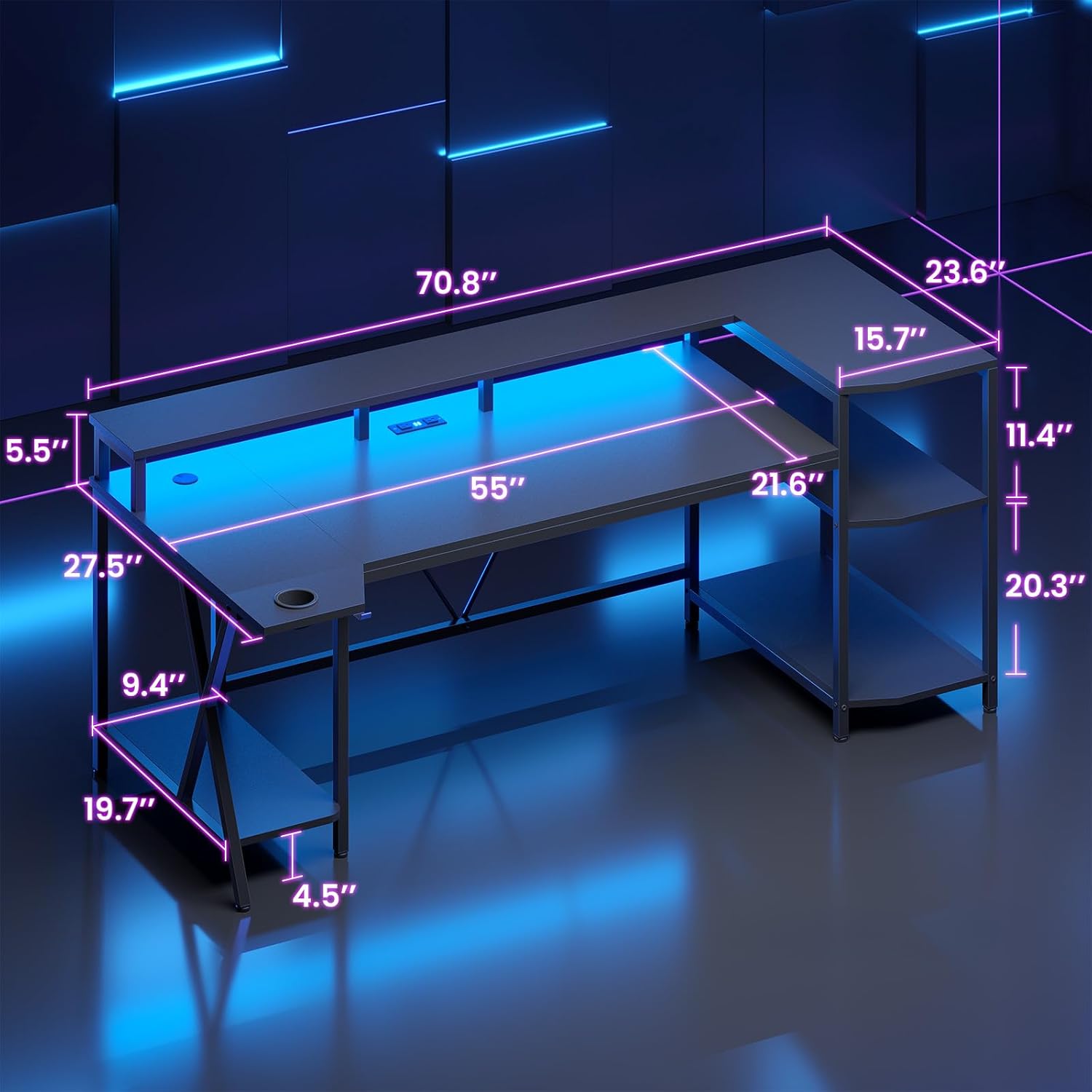 SEDETA Gaming Desk 70.8'' with LED Lights and Storage Shelves, Computer Desk with Monitor Stand, Power Outlets and Cup Holder, Large PC Gamer Desk, Gaming Table for Bedroom, Living Room, Black