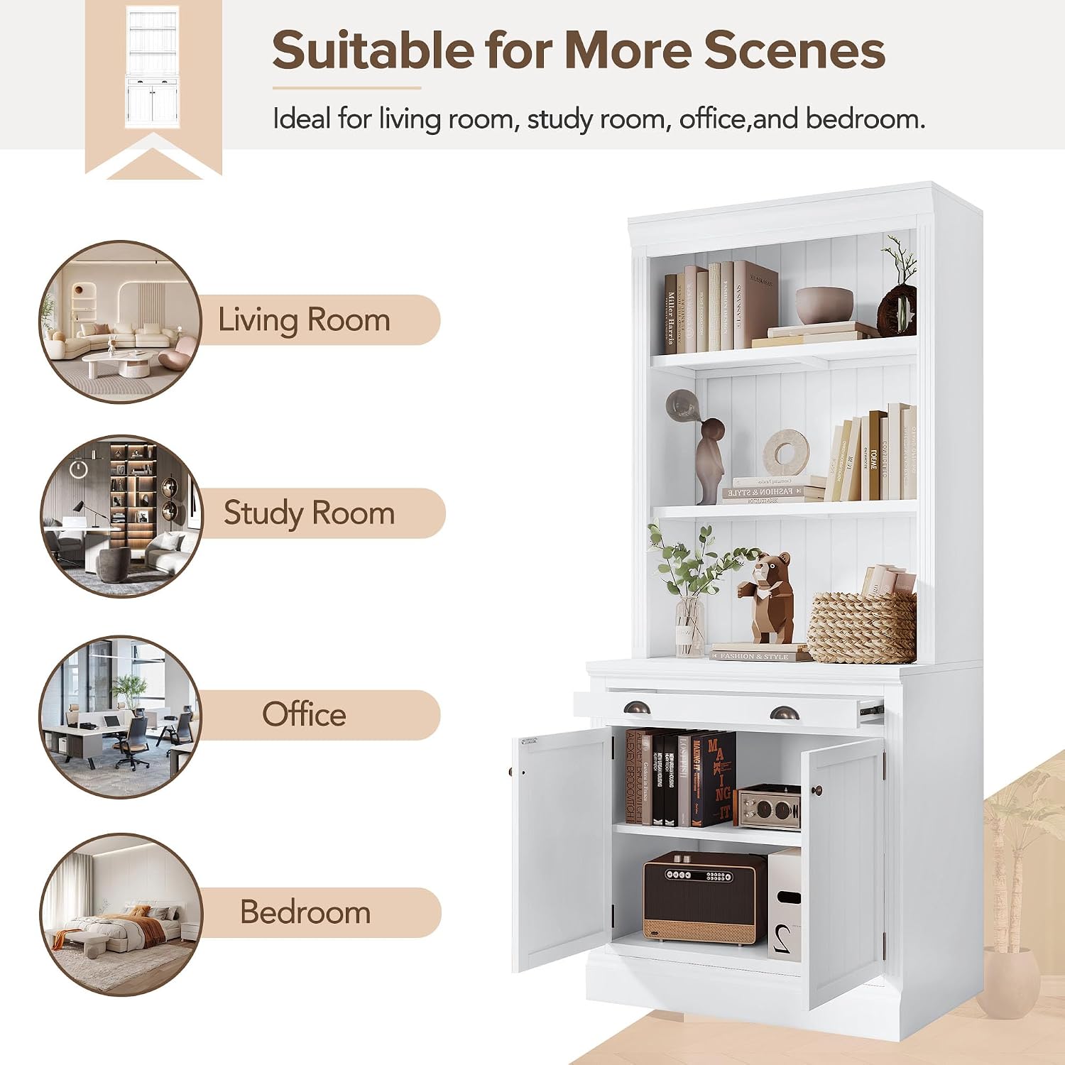 LUMISOL 83.4' Tall Bookshelf with Drawer and Cabinet, Freestanding Pantry Sideboard Cabinet with LED Lights, Solid Wood Tall Bookcase with Open Storage Shelves, White