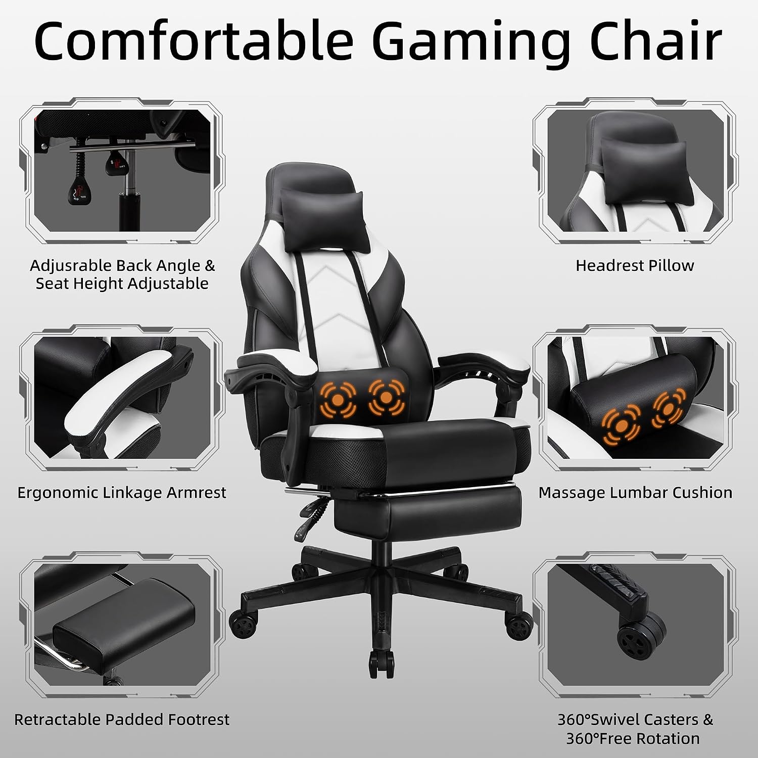 Shintenchi Gaming Chair,Video Game Chair with footrest and Massage Lumbar Support,Height Adjustable Game Chair with 360°Swivel Seat Ergonomic Computer Chair with Headrest for Office or Gaming(White)