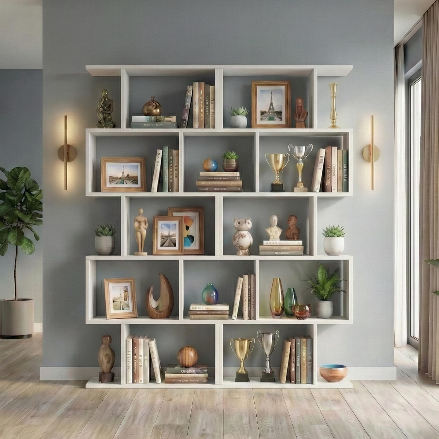 DIYART 5-Tier Geometric Bookcase (Set of 2), 62.6' Tall S-Shaped Bookshelf & Room Divider, Modern White Freestanding Display Shelving Unit for Living Room, Hallway, Home Office