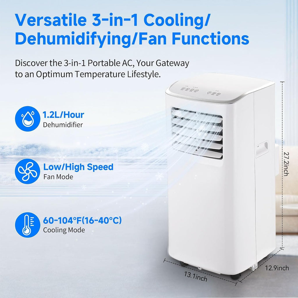 8500 BTU Portable Air Conditioner with Remote Control - 3-in-1 AC Unit Cools 450 Sq.Ft, Fan & Dehumidifier, Includes Installation Kit, Sleep Mode, for Bedroom, Office, Studio