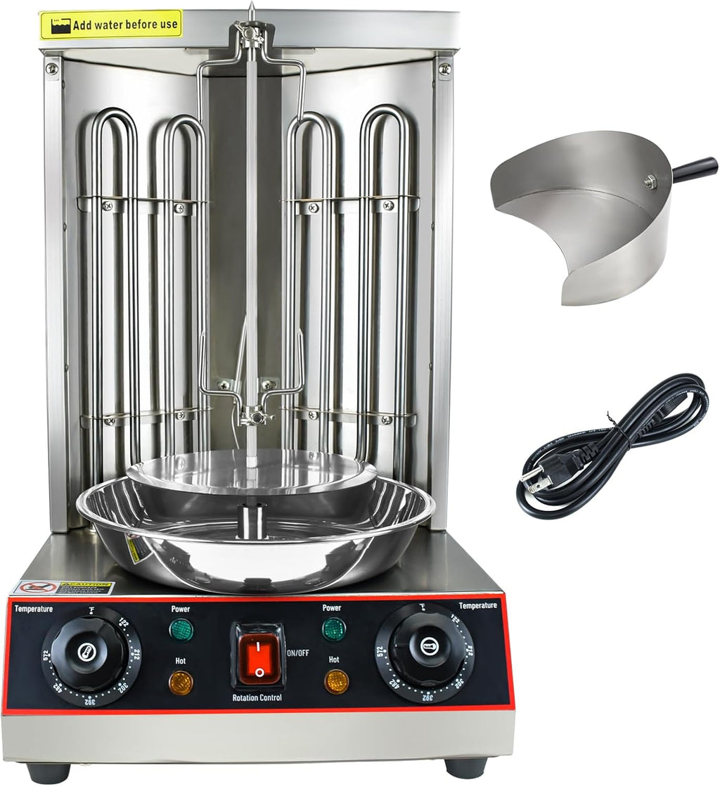 KOOTEN Shawarma Grill Machine Electric Vertical Kebab Gyro Grill Machine Rotisserie Broiler Machine with 2 Burners and Meat Catch Pan, 3000W