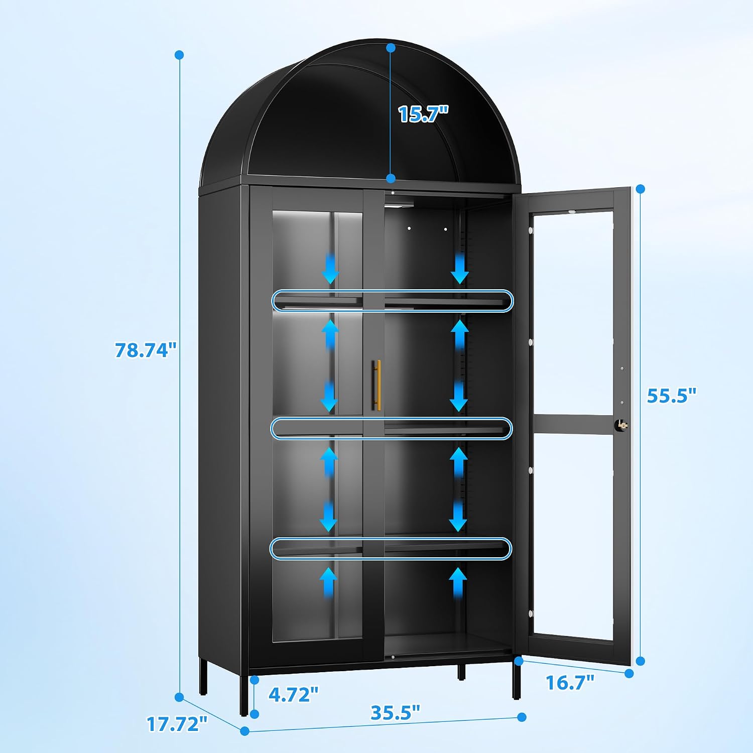 78.74' H Metal Arched Cabinet with Lock and LED Light, Metal Curio & Liquor Display Cabinet with Glass Doors and Adjustable Shelves for Dining Room, Home, Assembly Required,Black