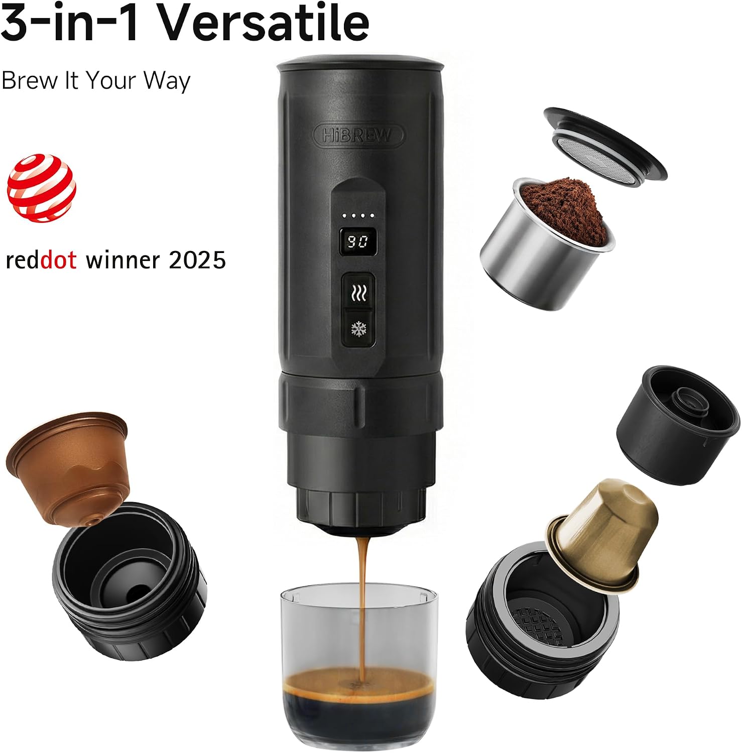HIBREW H4C Explorer - Portable Electric Espresso Machine, USB-C Rechargeable Coffee Machine for Camping and Travel, Compact for Capsules & Ground Coffee, with Foldable Holder & Carrying Case (Black)