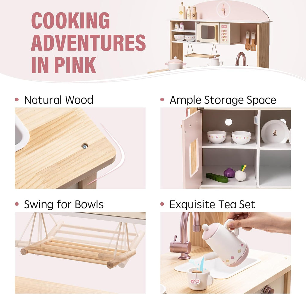 ROBUD Play Kitchen for Kids Toddlers, Wooden Play Kitchen with Realistic Accessories, Toy Kitchen Set with Plenty of Play Features, Modern Style Toy Kitchen for Girls & Boys, Gift for Ages 3+, Pink