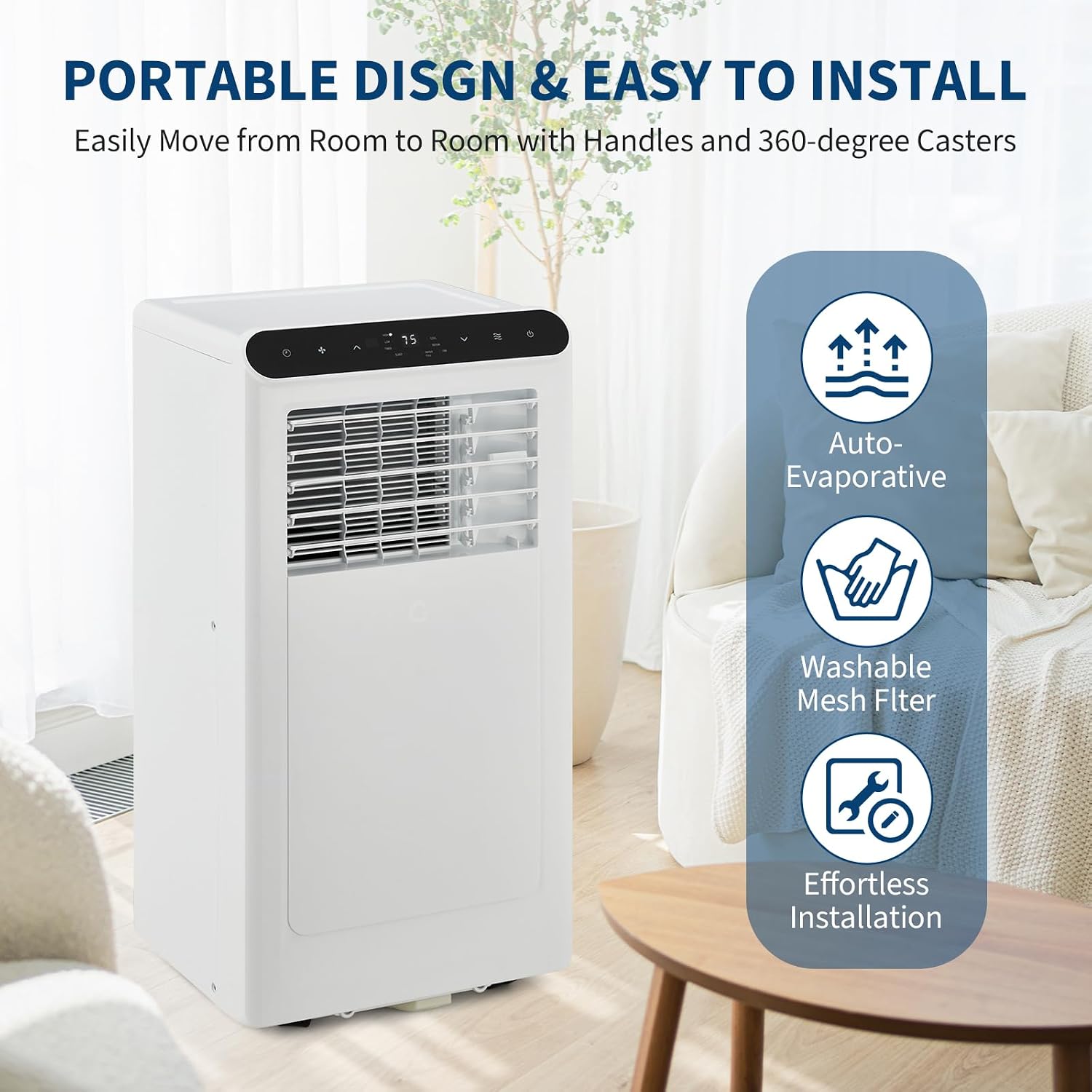 8,000 BTU Portable Air Conditioners, 3-in-1 Modes Up to Small Room, Portable AC Unit with Cooling, Fan, Dehumidifier, 24H Timer, Remote & Easy Window Installation Kit, White, for Bedroom,.
