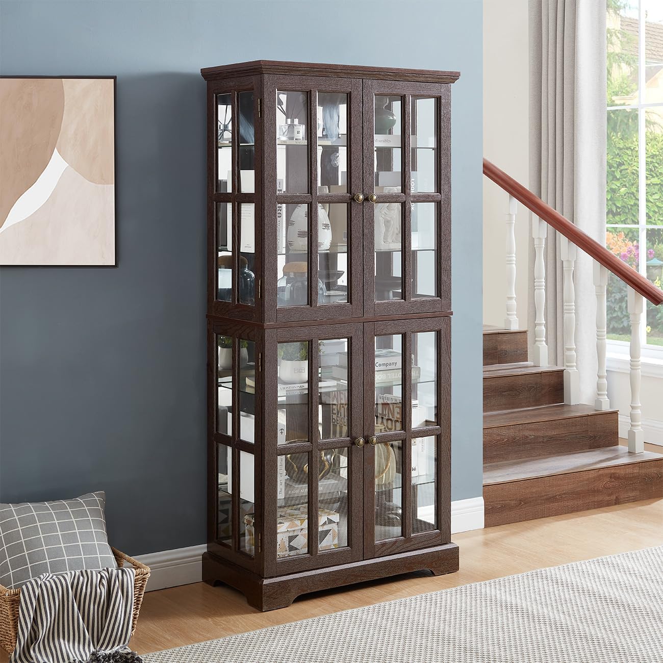 Lighted Glass Curio Cabinet with Lights & Adjustable Shelves,Curio Display Cabinet with Wood Frame & Glass Door,Corner Antique Display Case for Kitchen,Living Room,Office
