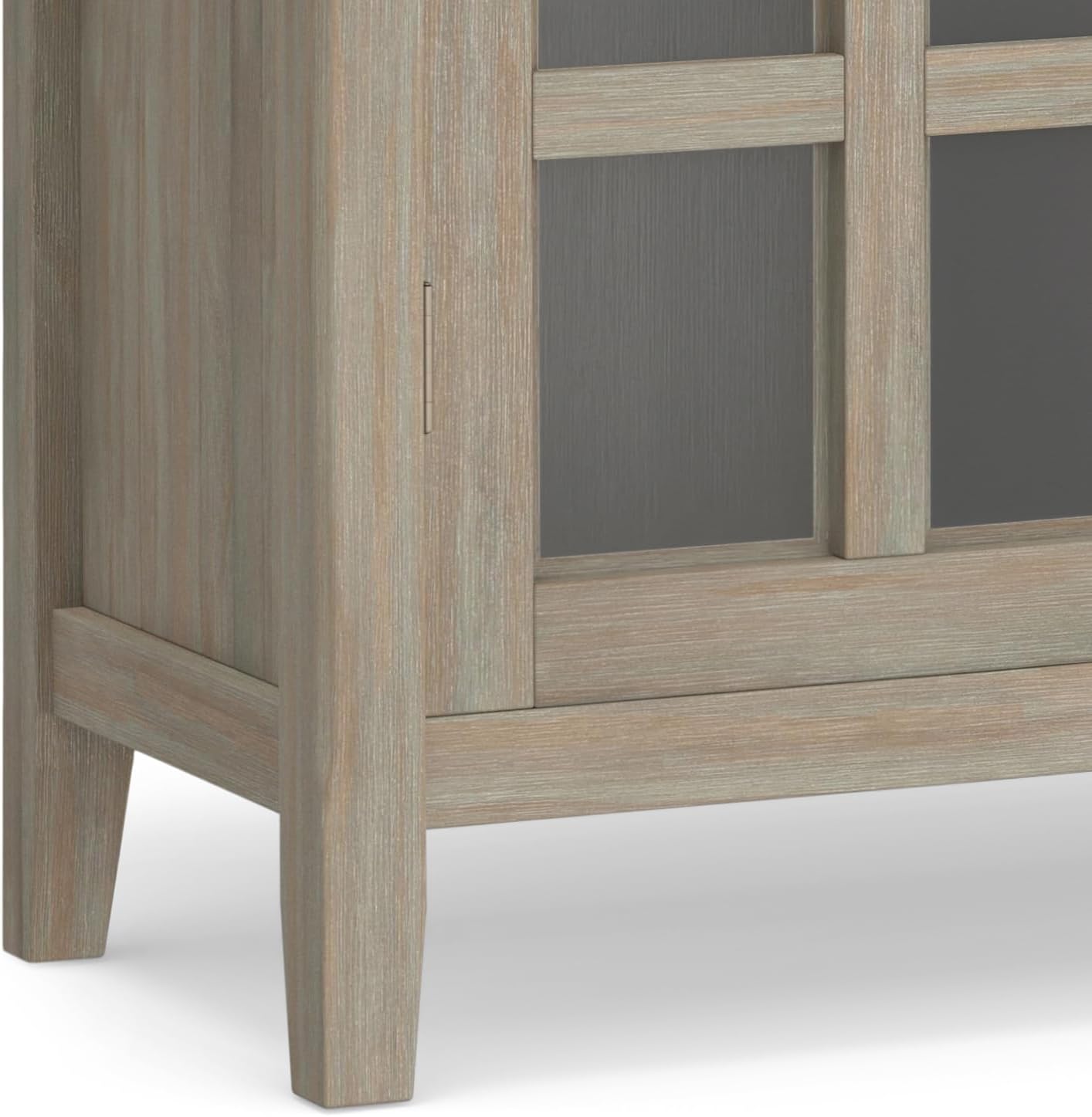 SIMPLIHOME Acadian Storage Cabinet - 39 inch Wide Solid Wood 4-Shelf Display Cabinet in Distressed Grey, Transitional Cupboard for Living Room or Dining Room with Glass Doors and Adjustable Shelves