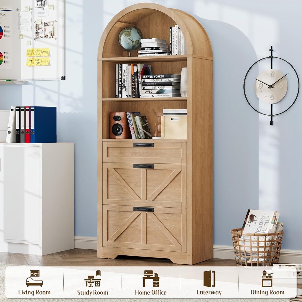 Vabches 71' Tall Arched Bookcase, 3-Tier Bookshelf with File Cabinet Drawer, Farmhouse Freestanding Wooden Bookshelves, Large Open Display Storage Shelves for Home Office, Living Room, Natrual