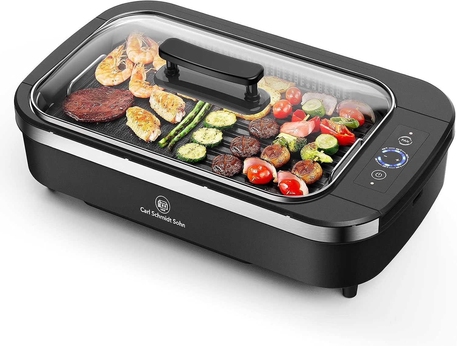 Indoor Grill-Smokeless BBQ Grill with Die-Casting Nonstick Griddle Pan,Led Temperature Control, Turbo Smoke Extractor Technology,15*9 Grilling Surface, Detachable Design,Ideal for 2 People, Black.