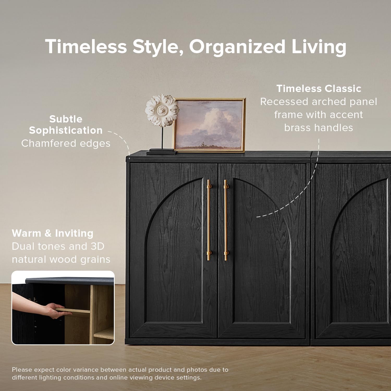 mopio Blake Storage Cabinet, Small Modular Accent Display Sideboard Buffet Cabinet with Storage, Media Console Credenza, for Kitchen, Coffee Bar, Pantry, Living Room (Black Oak Arched, Set of 2)