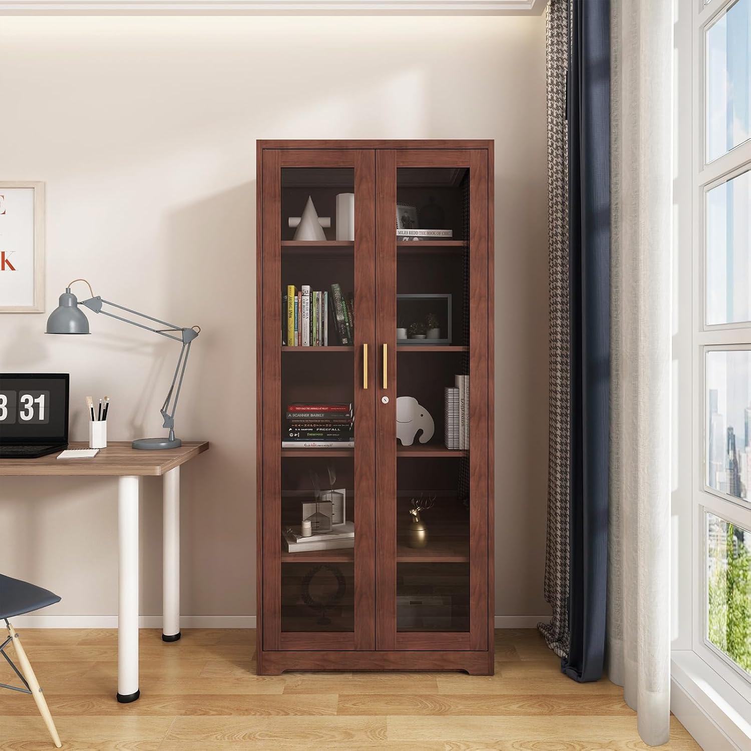 71' Display Cabinet, Metal Kitchen Storage Cabinet, Curio Display Case with Glass Doors and 4 Adjustable Shelves, Locking Cabinets for Kitchen, Hallway, Living Room, Wood Color -Assembly Required