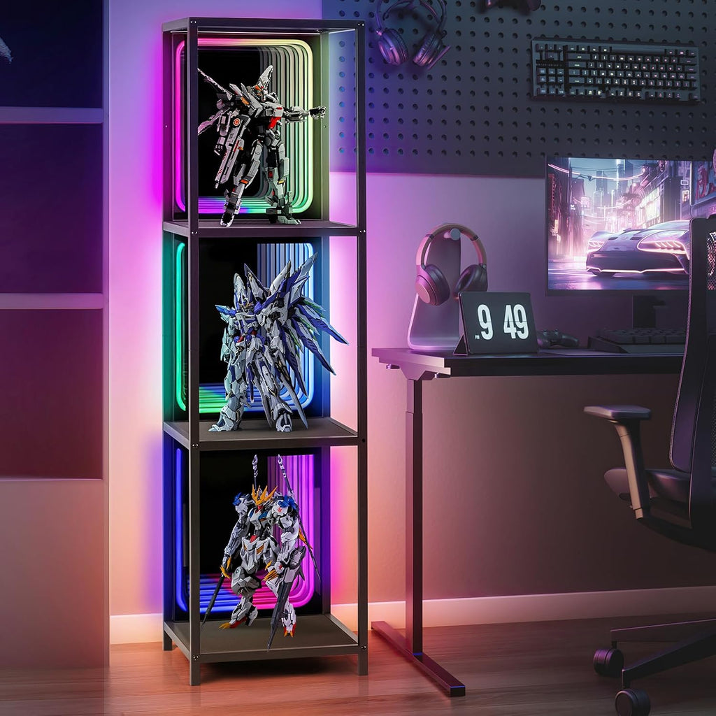 FUSLITE 3 Tier Storage Cabinet with LED Infinity Mirror Light, RGBW Display Cabinet with Adjustable Color Temp for Bedroom Office Gaming Room Decor,Action Figures, Collectibles, Black