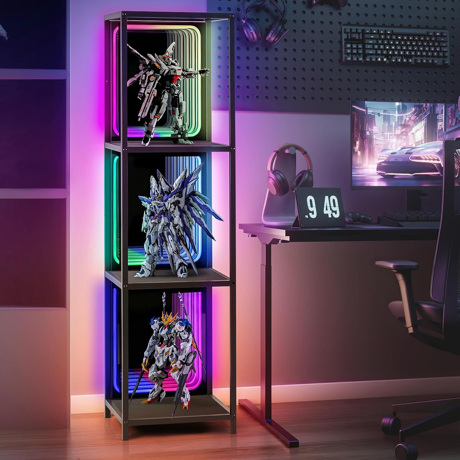 FUSLITE 3 Tier Storage Cabinet with LED Infinity Mirror Light, RGBW Display Cabinet with Adjustable Color Temp for Bedroom Office Gaming Room Decor,Action Figures, Collectibles, Black