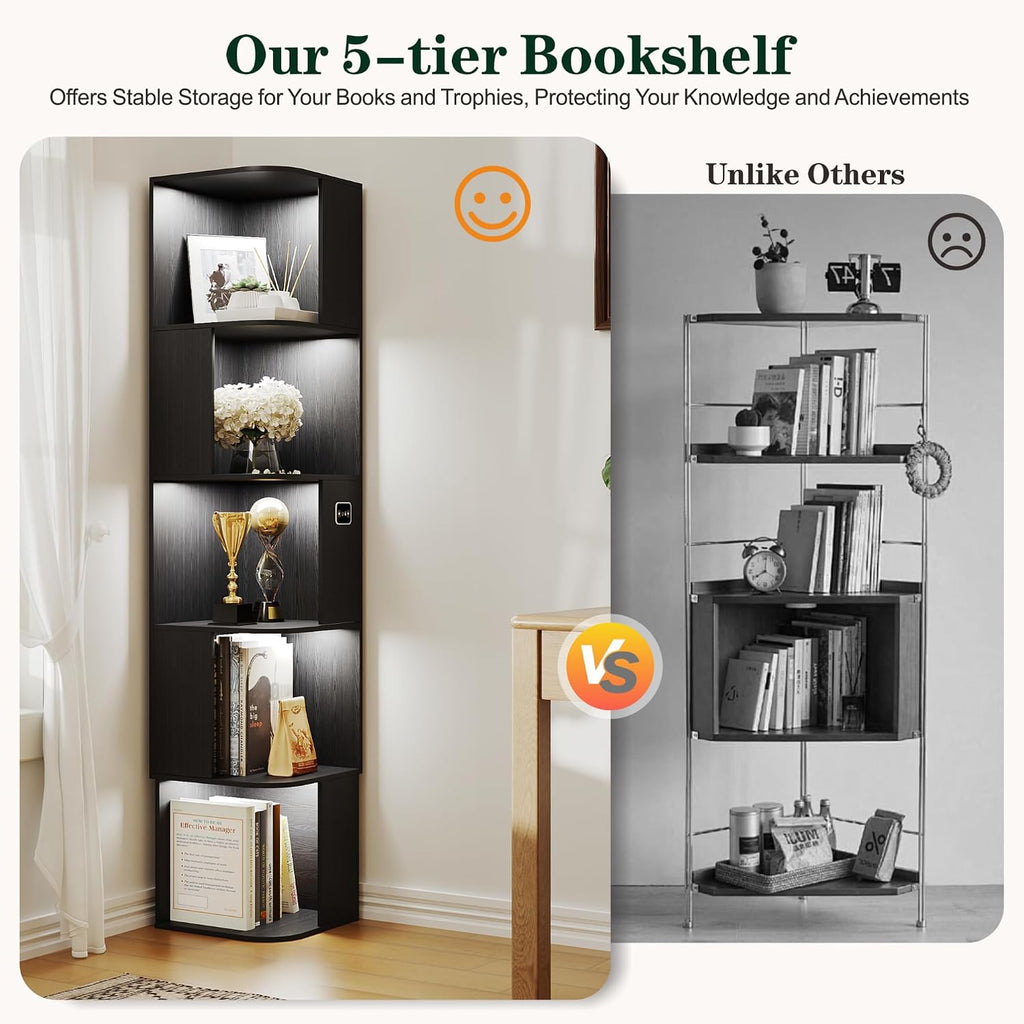 5 Shelf Bookcase - Corner Bookshelf with 3 Colors LED Sensor Lights Modern Cube Storage Organizer for Lego Books Living Room Study Bedroom - Ideal Gift (Black)