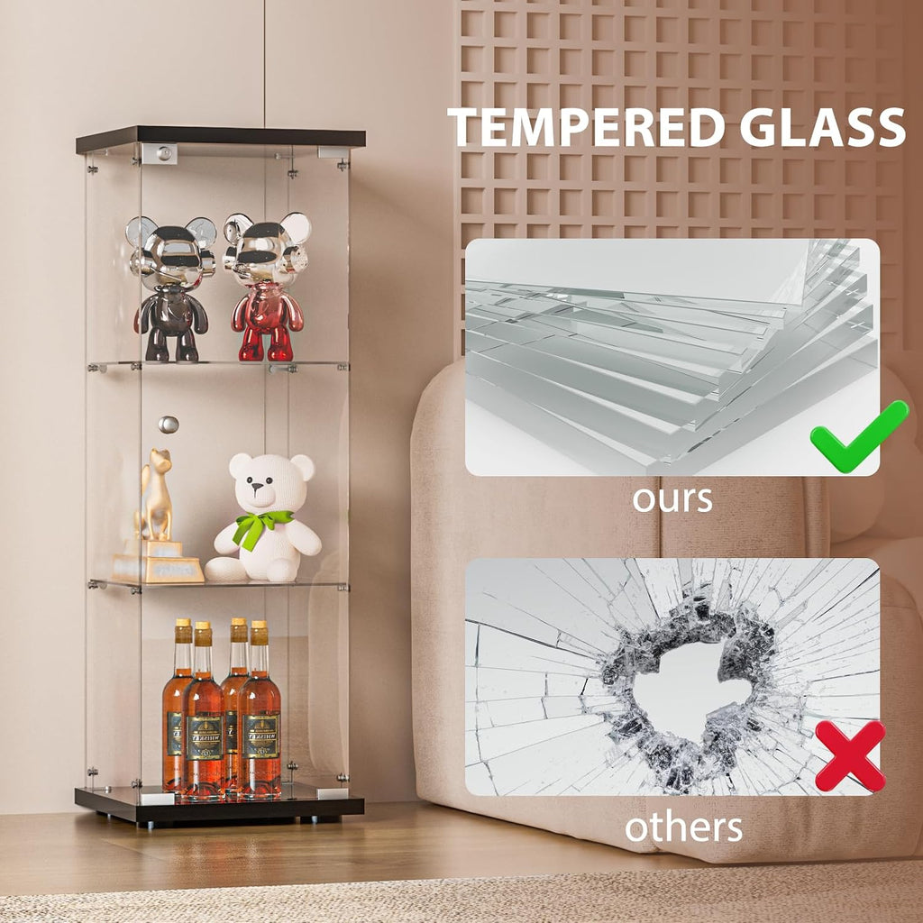 FANYUSHOW 3-Shelf Glass Display Cabinet with Door, Upgraded Quick-Install Style Curio Cabinets 5mm Tempered Glass Floor Standing Bookshelf for Bedroom, Living Room 49.1'x 16.7'x 14.3' Black