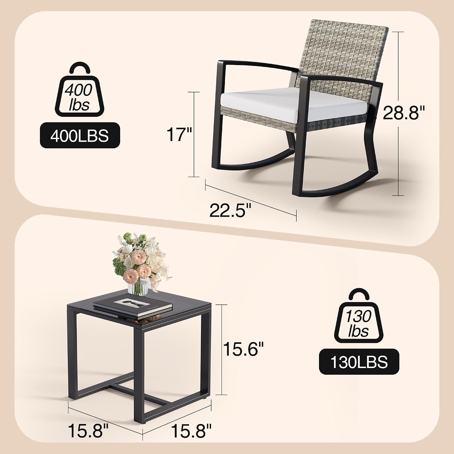 Qsun 3 Pieces Outdoor Patio Furniture Set Rocking Bistro Set, Outdoor Patio Furniture Set with Coffee Table for Garden Balcony Backyard Poolside (Light Grey Cushion)