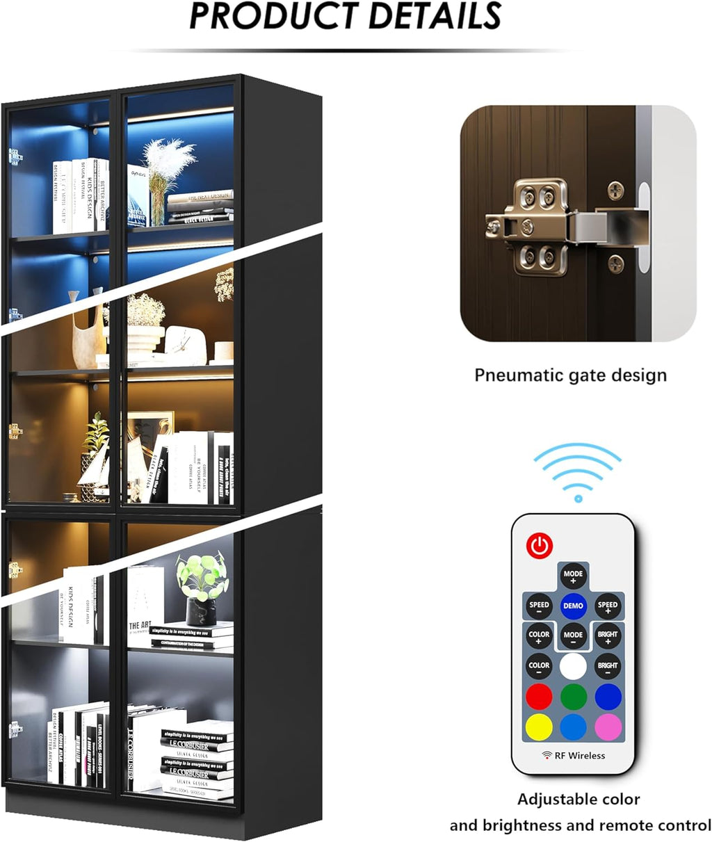 Wildhome Wooden Display Storage Cabinet with Glass Door, LED Lights,Showcase for Collections, Perfume, Vinyl Albums, Bookcase for Home Office, Living Room, Clinic, Pantry (5 Layers-Black)