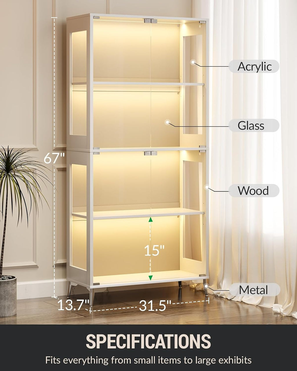 Display Cabinet with Glass Doors, 4-Tier Curio Cabinet, Adjustable Shelves, 60,000 Color Lights for Collectibles, Glass Display Case with App & Remote Control, Bookcase, Storage Cabinet, White