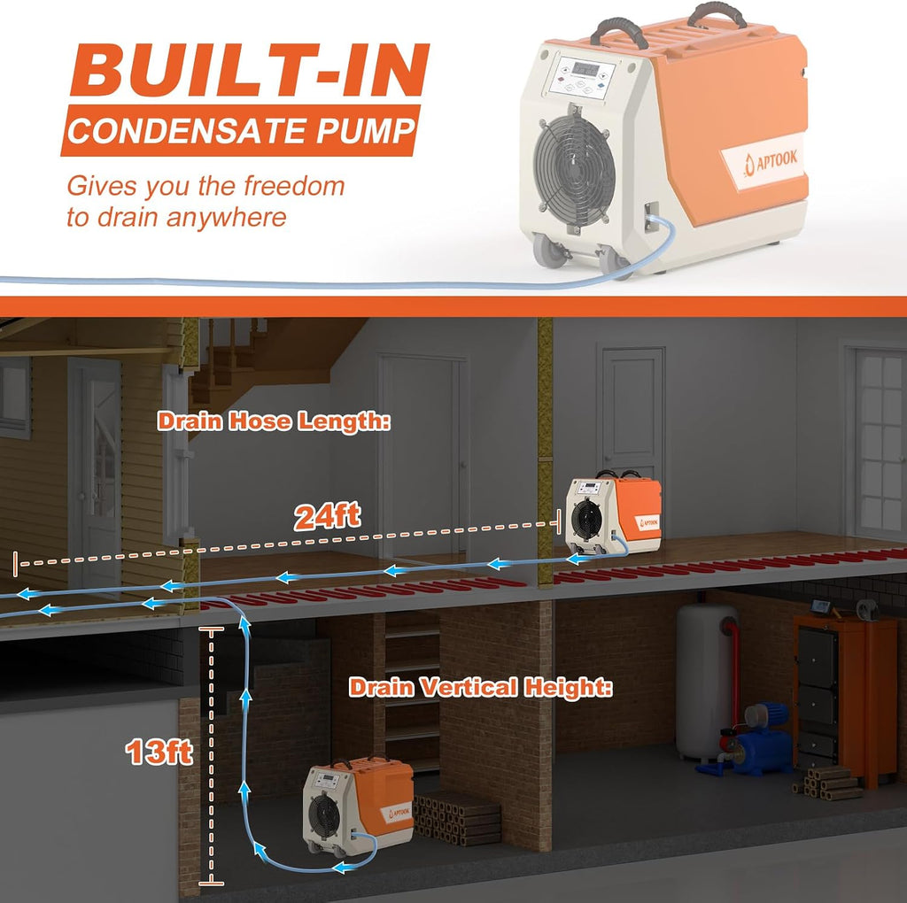 180 Pint Commercial Dehumidifier with Pump for Large Basements & Crawl Spaces, Continuous Drain Dehumidifier up to 6,000 Sq.Ft, Auto Defrost, Memory Restart, Digital Control, with Wheels