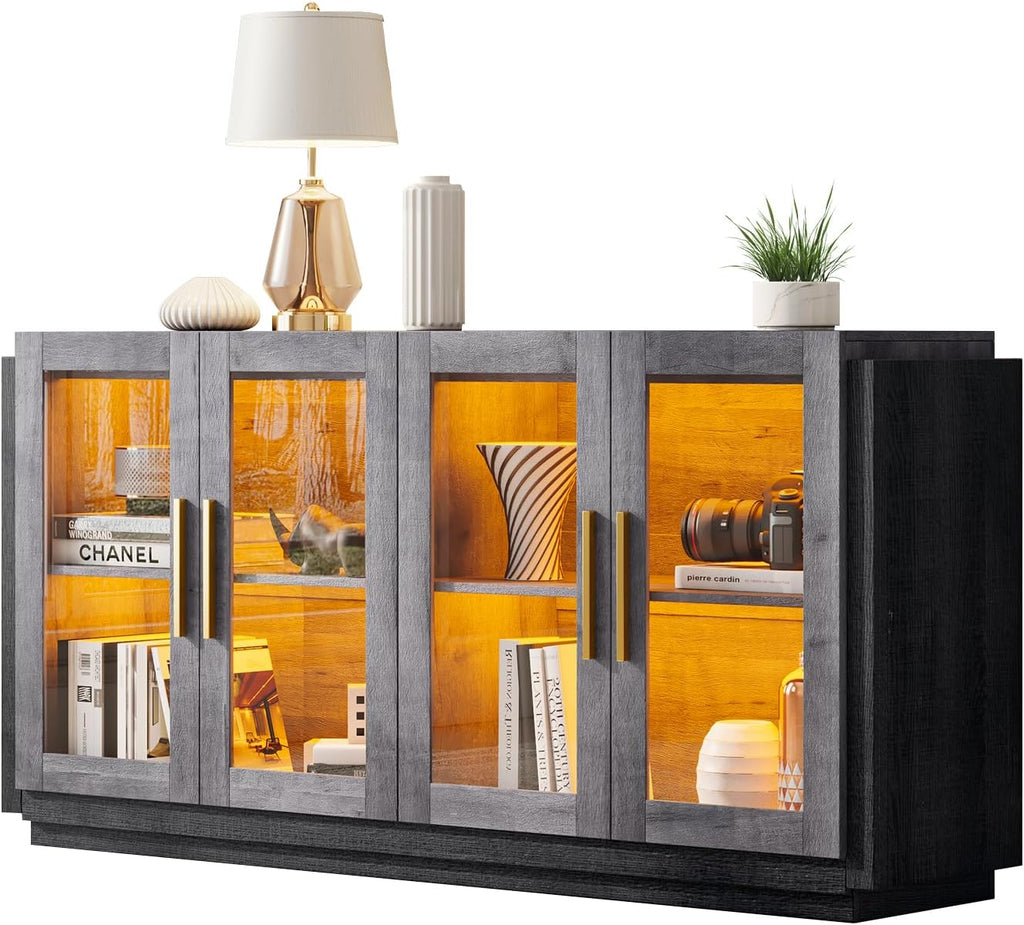 AMERLIFE Sideboard Buffet Cabinet with LED Lights, Mixed Color Accent Cabinet with Glass Doors and Adjustable Shelf, Hallway Storage Cabinets Console Table for Living Room, Dining Room, Black and Gray