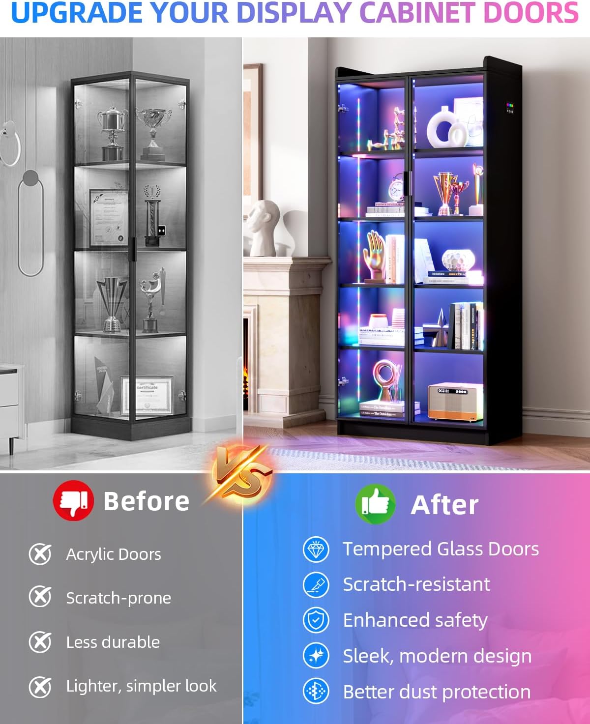 FREDEES Display Cabinet with Glass Doors, 5-Tier Curio Cabinet with Motion Sensor RGB Lights, 65' Tall Glass Display Case with Adjustable Shelves for Collectibles, Figures, Books, Black