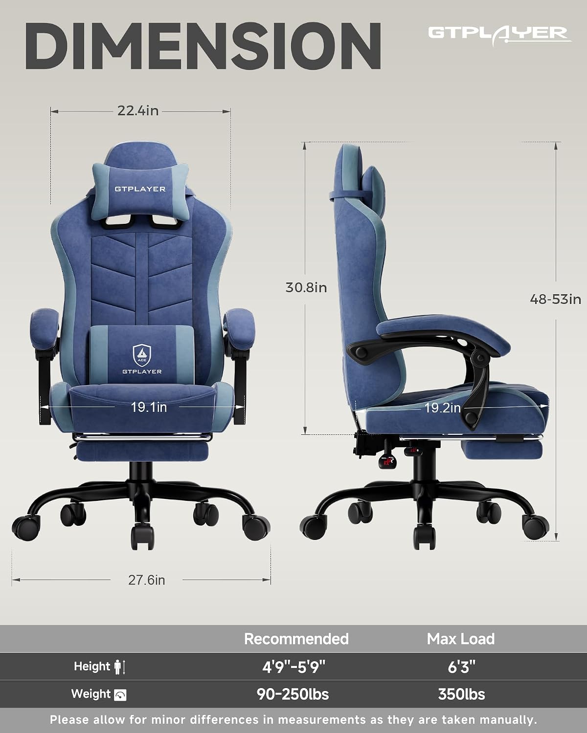 GTPLAYER Gaming Chair for Adults, Ergonomic Computer Gaming Chair with Footrest, Height Adjustable, 90-155° Recline & Removable Headrest Lumbar Support, Blue