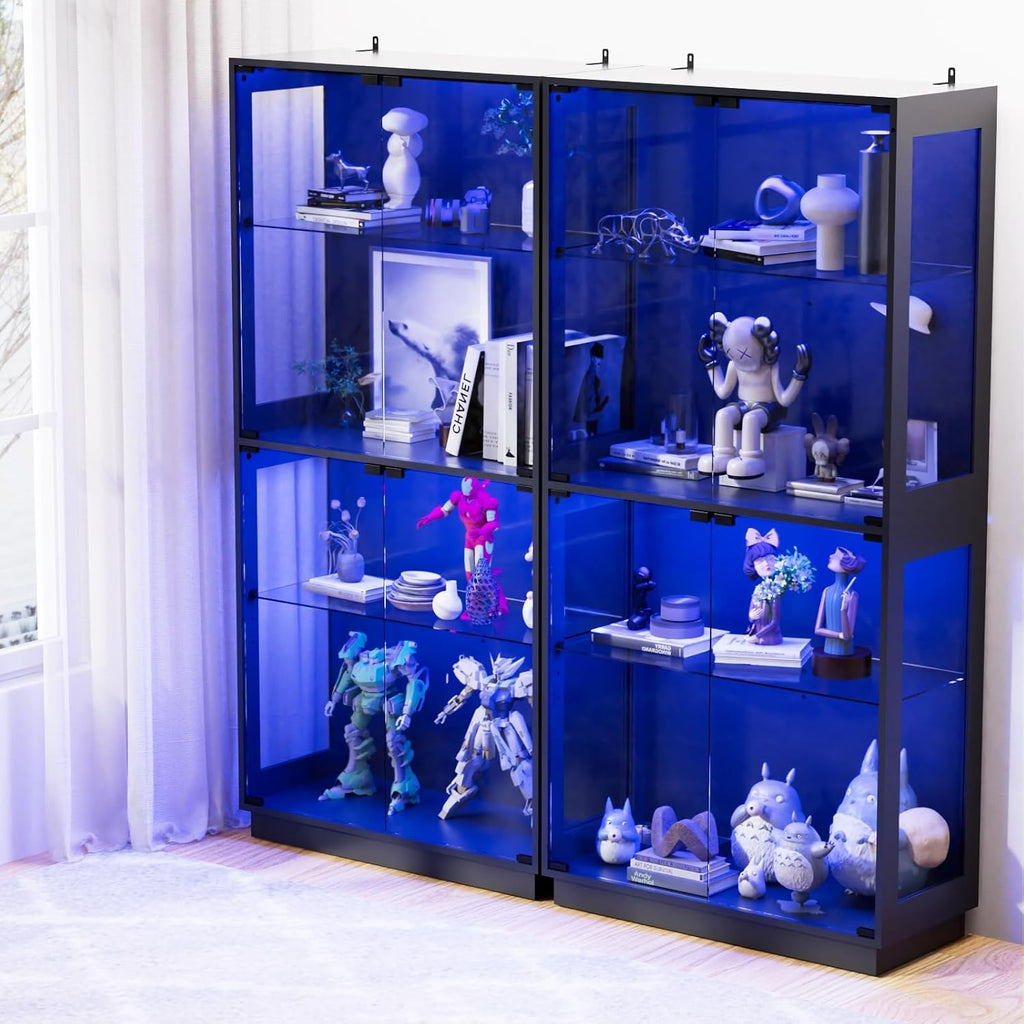 Display Cabinet with Glass Doors 4 Tier Glass Display Case with RGB LED Lights Display Cases for Collectibles Adjustable Shelves Display Case, for Game Room, Living Room, Bedroom, Black