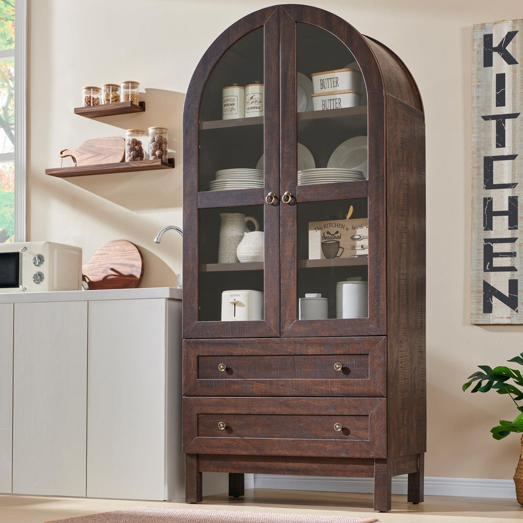 IFGET 71' Tall Arched Kitchen Pantry Cabinet, Wood Kitchens Storage Cabinets with 2 Large Drawers and Adjustable Shelves, Modern Farmhouse Versatile Cupboard for Kitchen, Dining Room, Bathroom, Brown