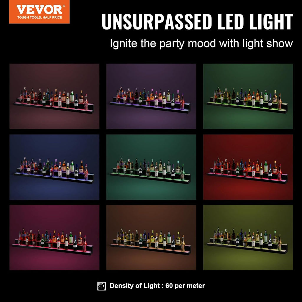 VEVOR LED Lighted Liquor Bottle Display, 2 Tiers 72 Inch Commercial Illuminated Home Bar Shelf, 2 Steps Whiskey Rack Stand, Acrylic Drink Shelves with RF Remote & App Control, and Multicolor Light