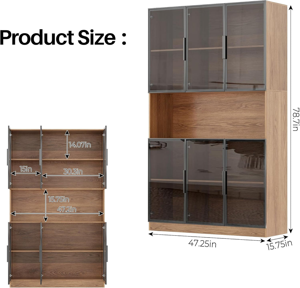 Mekminop Display Case Cabinet with Glass Doors and RGB Lights, Wooden Storage Cabinet with 5-Tier Shelves, Can be Used as Bookcases, Kitchen Pantry Cabinets, Walnut (47.2 'W x 16.5 'D x 78.7 'H)