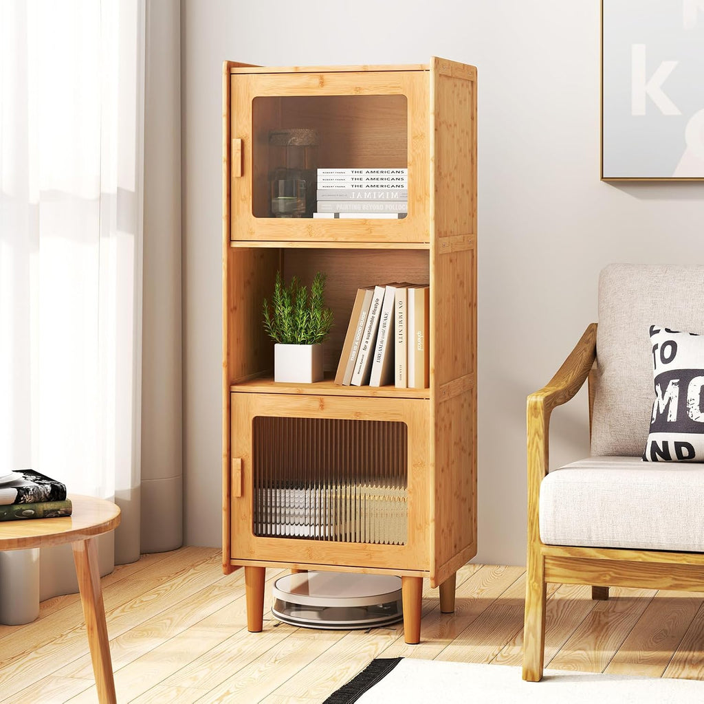 Giantex Set of 2 Bamboo Storage Cabinet, 3-Cube Bookcase, Freestanding Liquor Display Sideboard with 2 Single Doors, Corner Organizer for Living Room, Kitchen, Bathroom