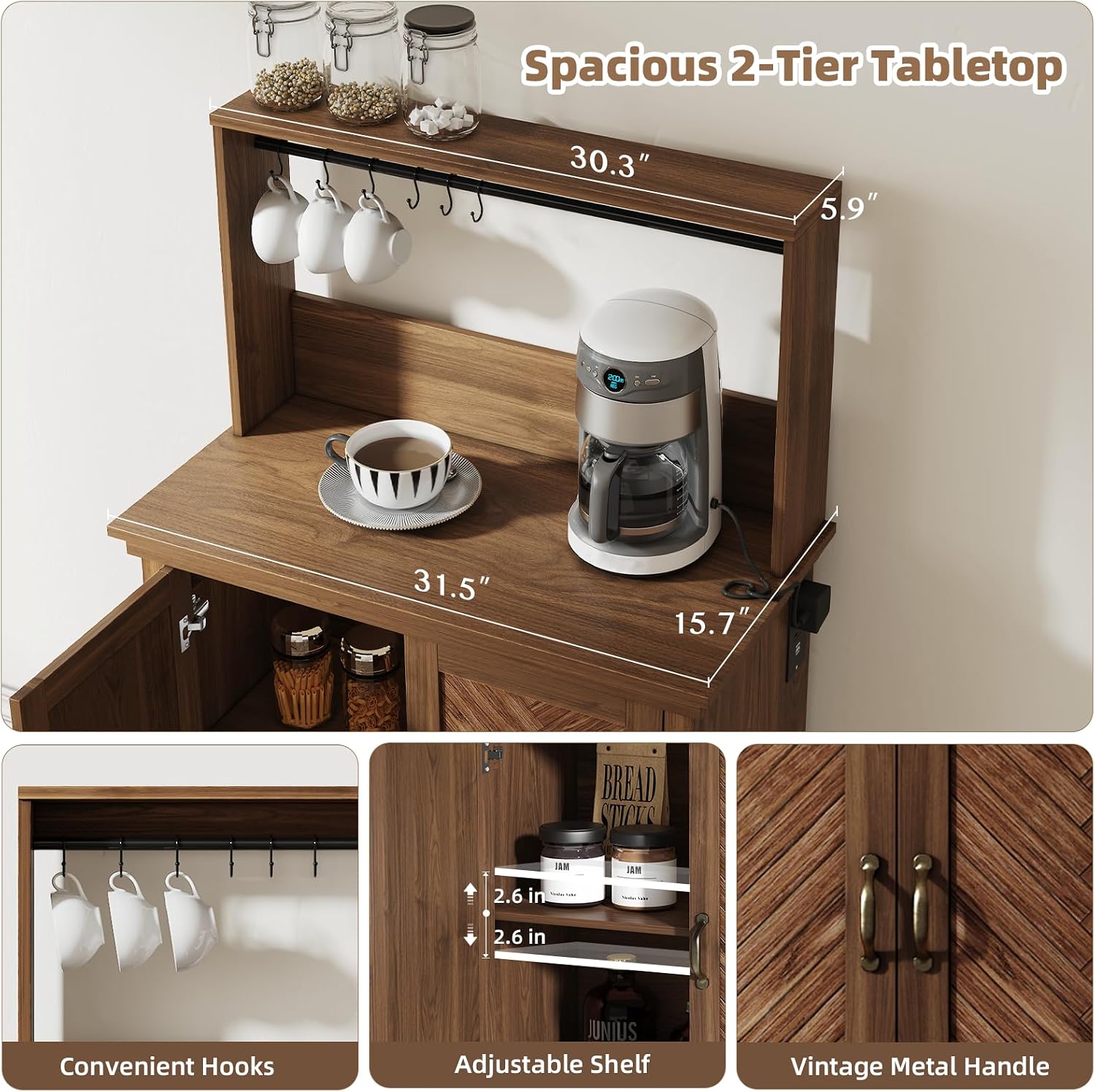 JOINICE Farmhouse Coffee Bar Cabinet with Storage,31.5' Kitchen Cabinet with Hooks and Charging Station,Coffee Station with Adjustable Shelf and Hutch,Sideboard for Living Dining Room