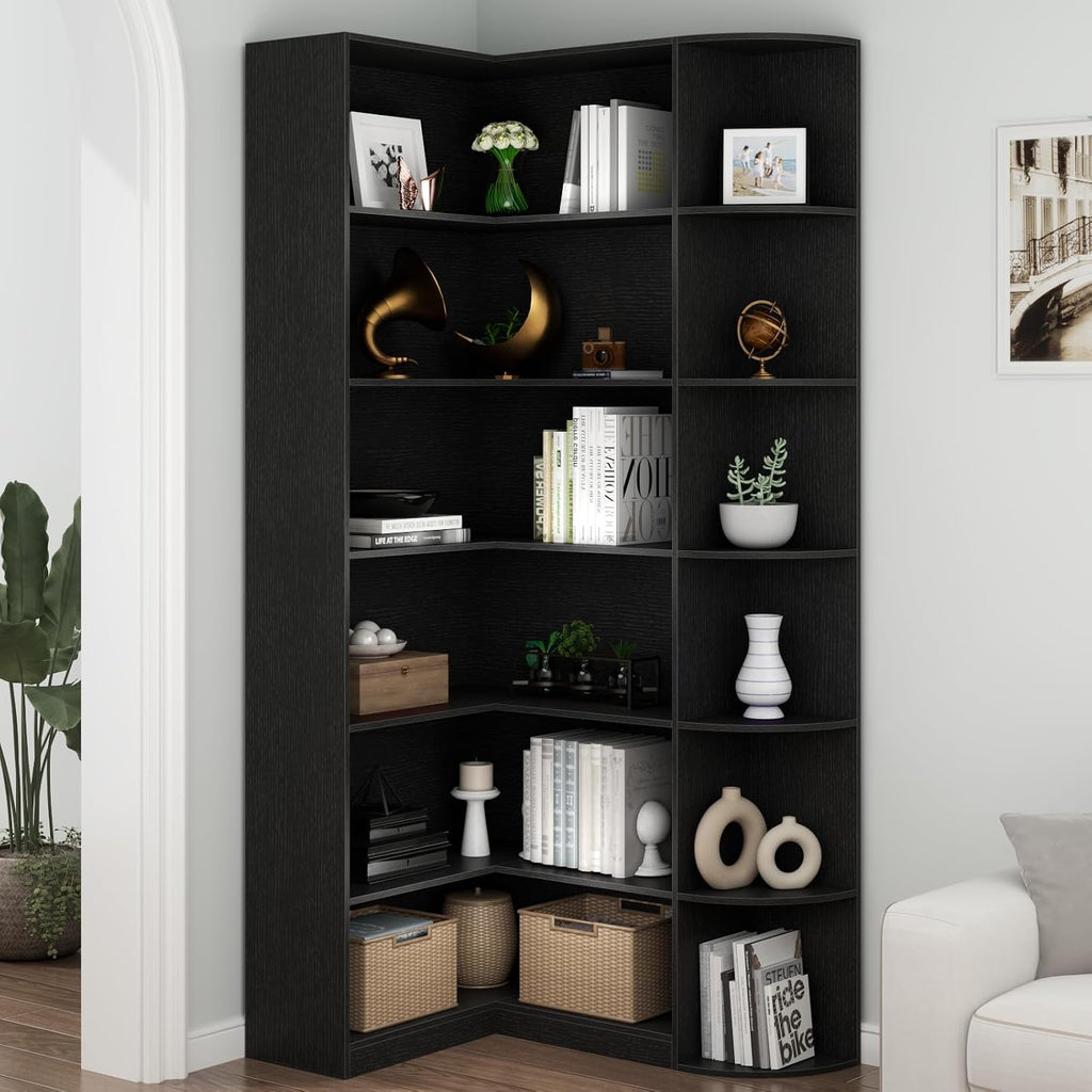 Loomie Black Book Shelf, 6 Tiers Shelf Large Tall Corner Etagere Bookcase with Full Baffle, L-Shaped Modern Storage Display Industrial Bookshelves for Bedroom, Home Office, Living Room & Kitchen,Black
