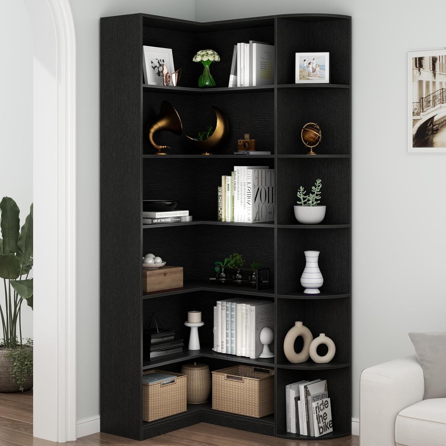 Loomie Black Book Shelf, 6 Tiers Shelf Large Tall Corner Etagere Bookcase with Full Baffle, L-Shaped Modern Storage Display Industrial Bookshelves for Bedroom, Home Office, Living Room & Kitchen,Black